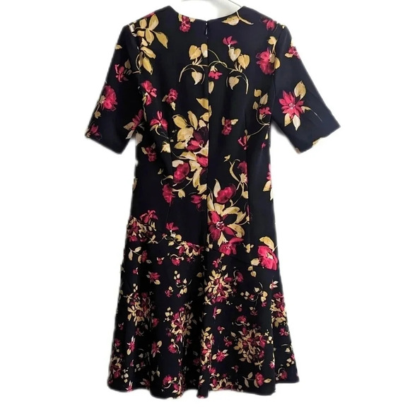 London Times Fit and Flare Black Pink Floral Leaf Print Dress - Picture 2 of 6